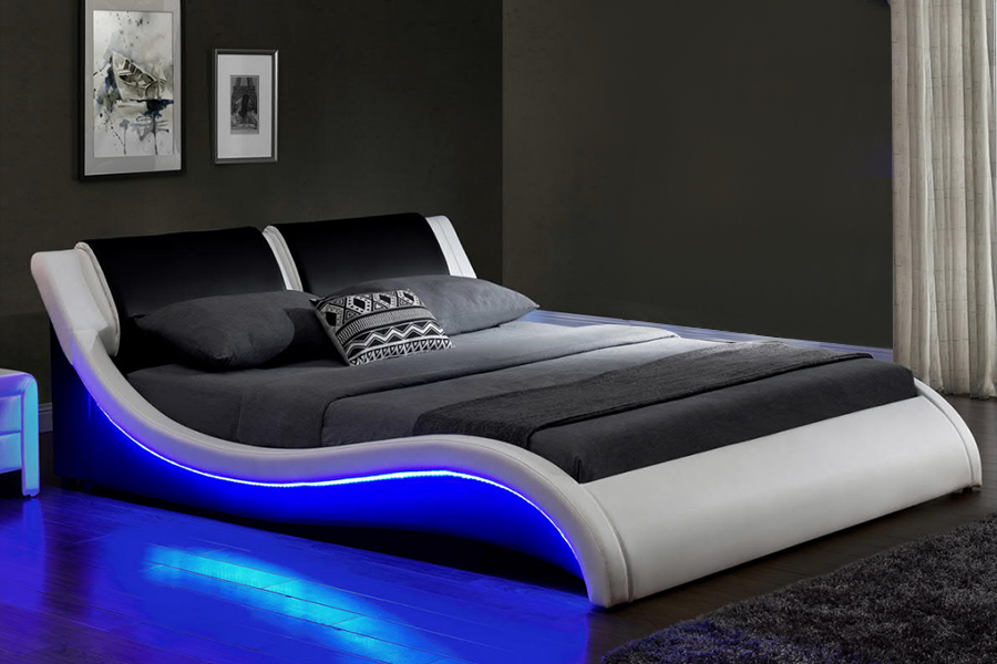 1178-1 Tapicerowana futurystyczna rama łóżka LED Wave
