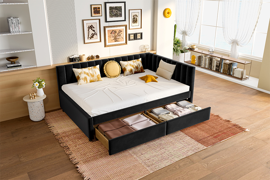 4856D Aksamitna rozkładana sofa z miejscem do przechowywania do małych pomieszczeń