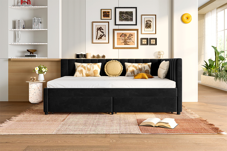 4856D Aksamitna rozkładana sofa z miejscem do przechowywania do małych pomieszczeń