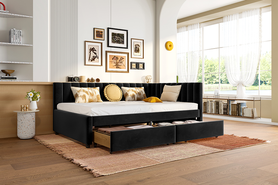 4856D Aksamitna rozkładana sofa z miejscem do przechowywania do małych pomieszczeń