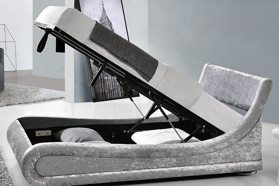 Rama łóżka z oświetleniem LED typu Crushed-Velvet z podnośnikiem gazowym i schowkiem