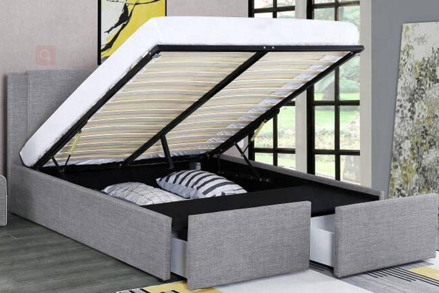 1311DG ​​Podnośnik gazowy z dwiema szufladami, drewniana tapicerowana rama łóżka z miejscem do przechowywania