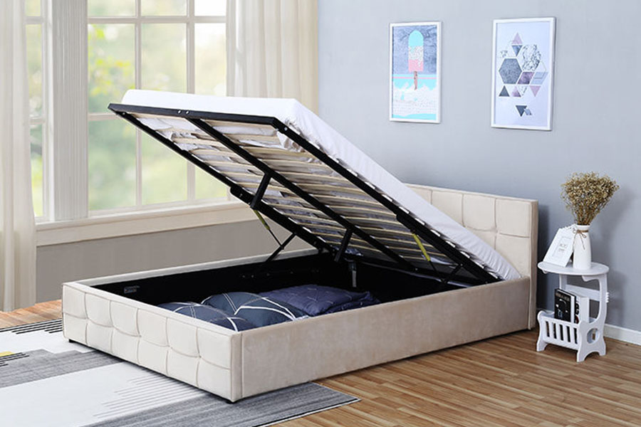 1295G Panel-zagłówek z tkaniny Queen Tapicerowana otomana rama łóżka z miejscem do przechowywania