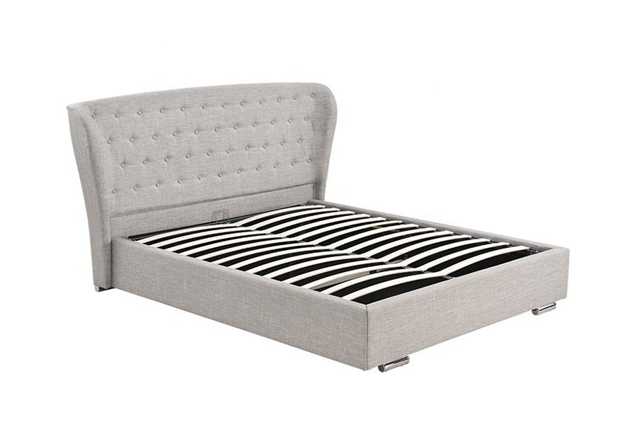 1292G Łóżko tapicerowane European Wingback w kolorze szaro-lnianym, zapinane na guziki i z drewnianymi nogami